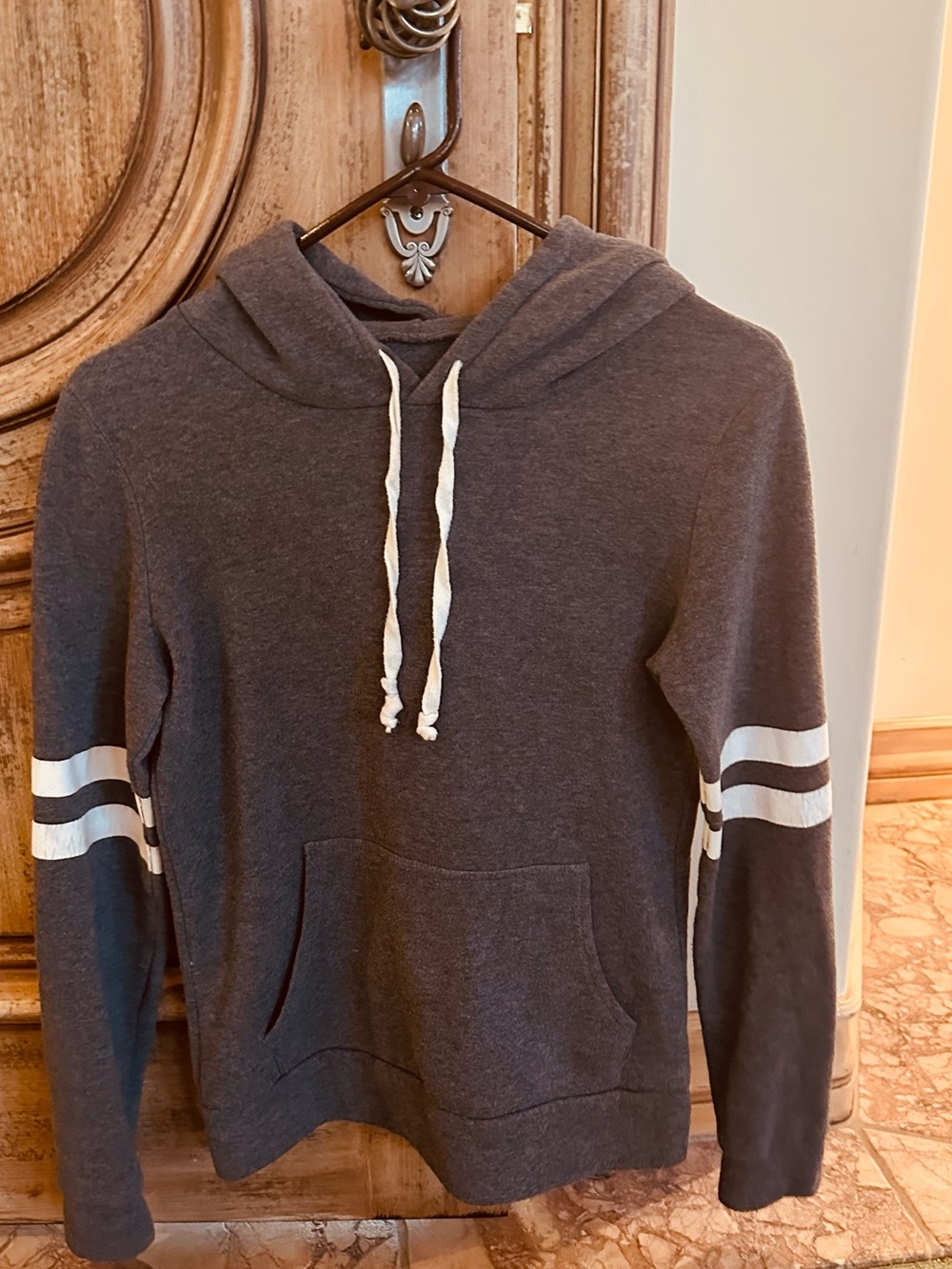 Women's Charcoal Hooded Sweatshirt with White Stripe Sleeves